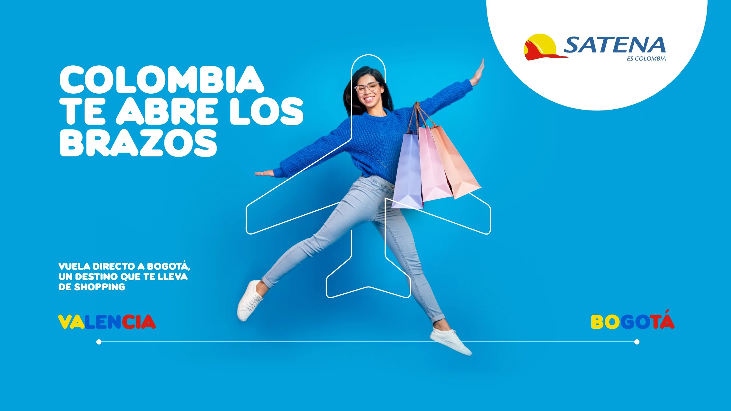 Mujer saltando con bolsas de compras y los brazos abiertos dentro de la silueta de un avión: Colombia te abre los brazos, de Valencia a Bogotá