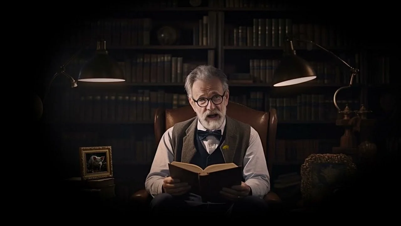 Video para Porkcolombia con un narrador que lee en su biblioteca