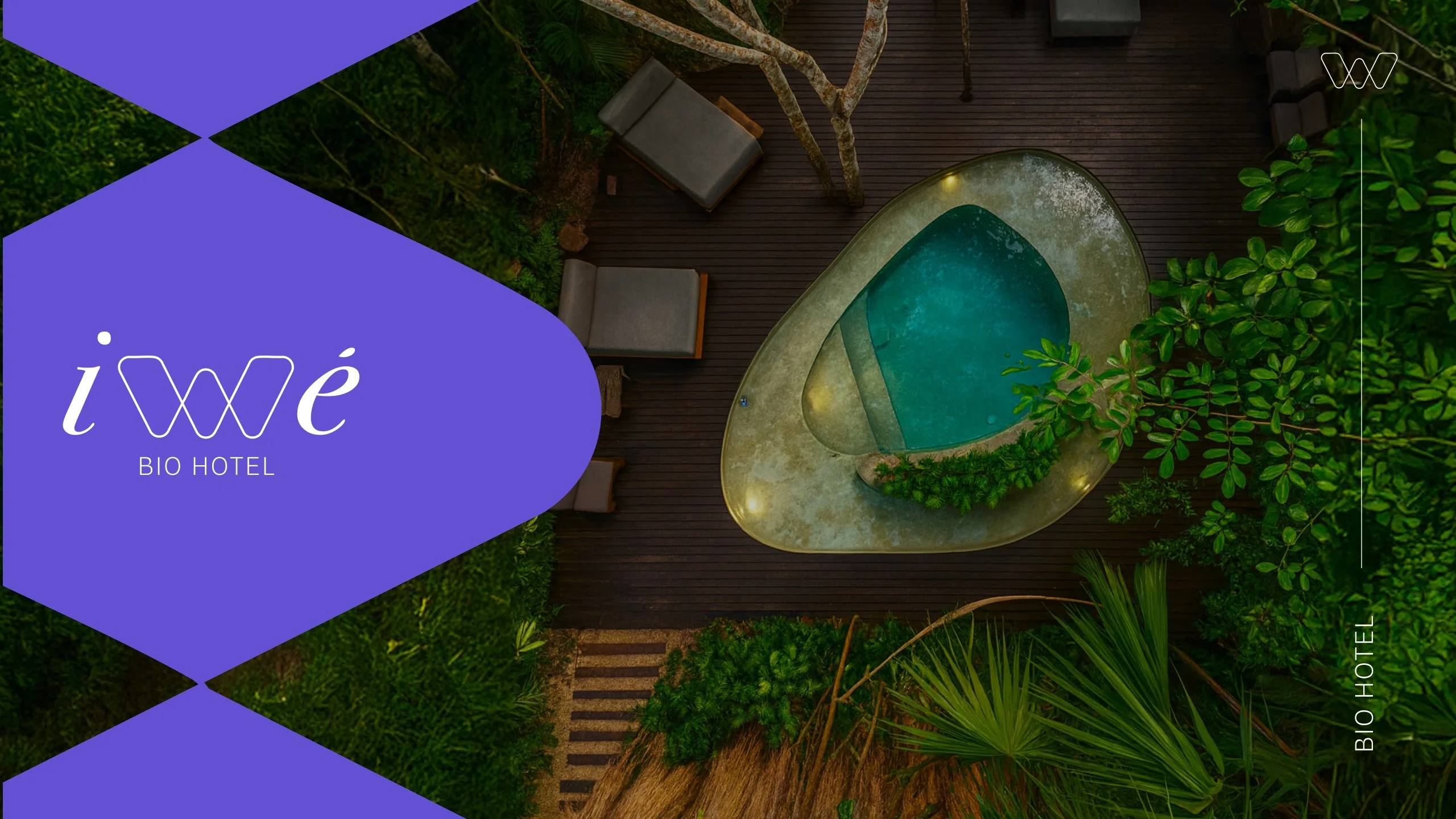 Aplicación de Iwé en violeta sobre una piscina de piedra rodeada de selva