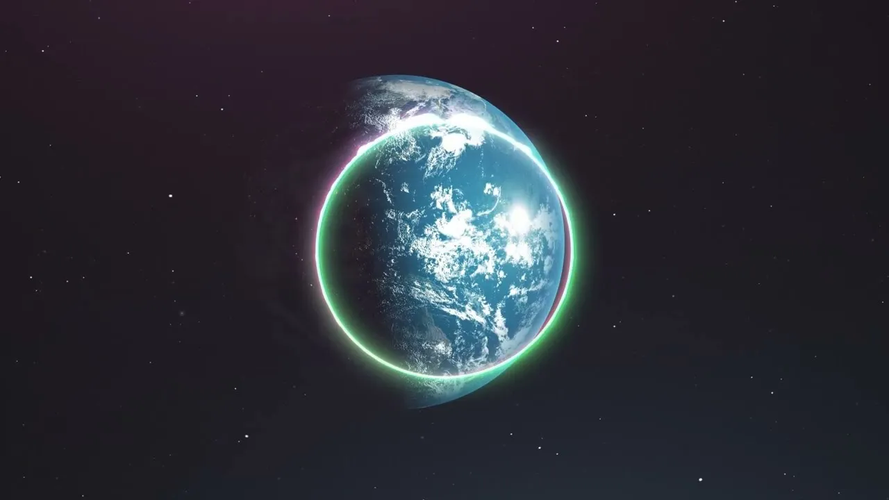 La Tierra rodeada por un anillo de luz verde, del video de Nectus IA
