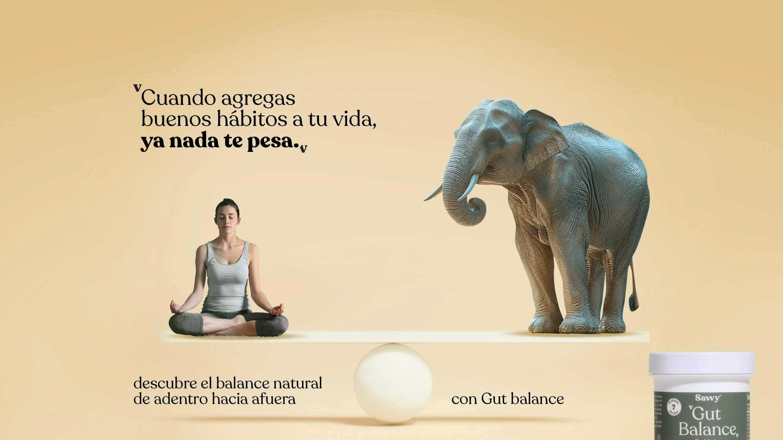 Mujer meditando en una balanza equilibrada con un elefante, campaña Gut Balance de Savvy