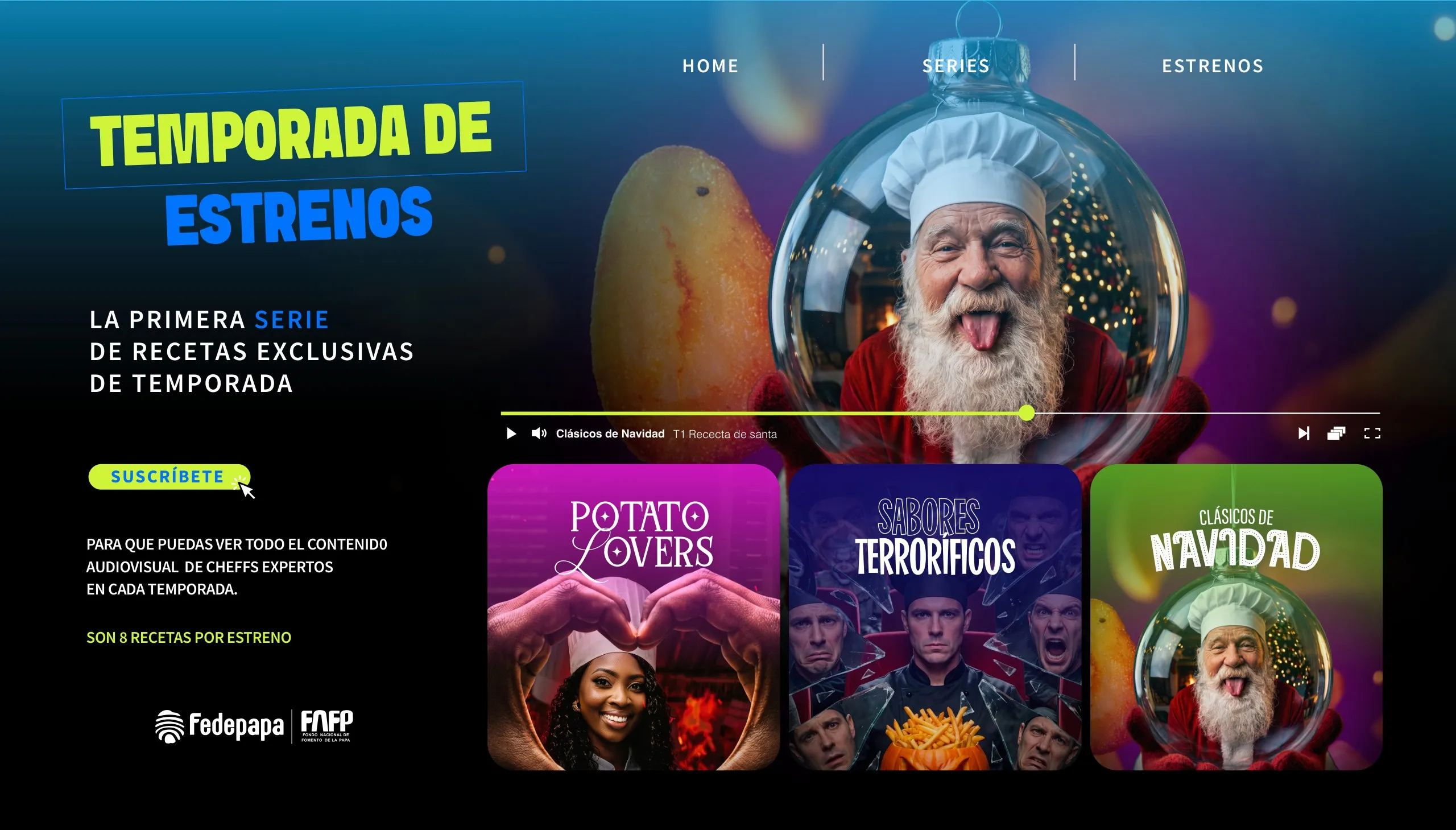 Landing de Temporada de Estrenos de la Escuela de la Papa con un chef de Navidad y las tres temporadas