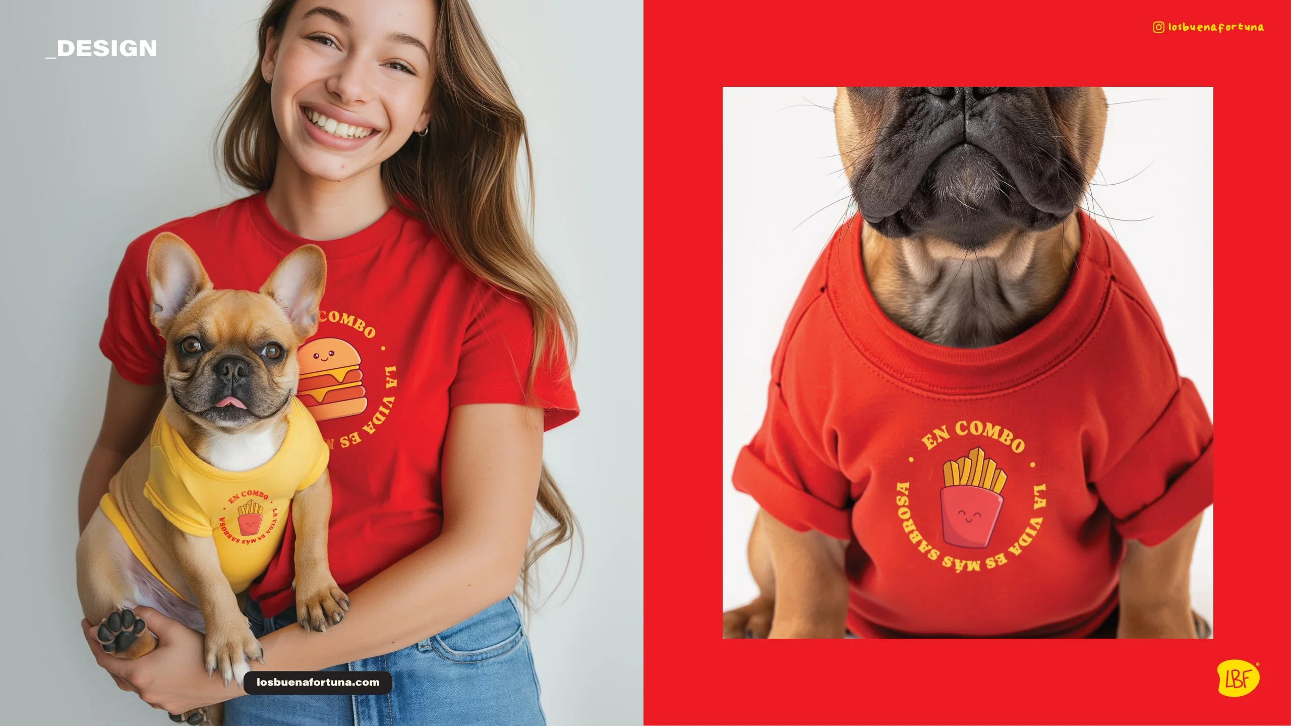 Mujer con camiseta roja En combo y su bulldog francés con camiseta amarilla a juego