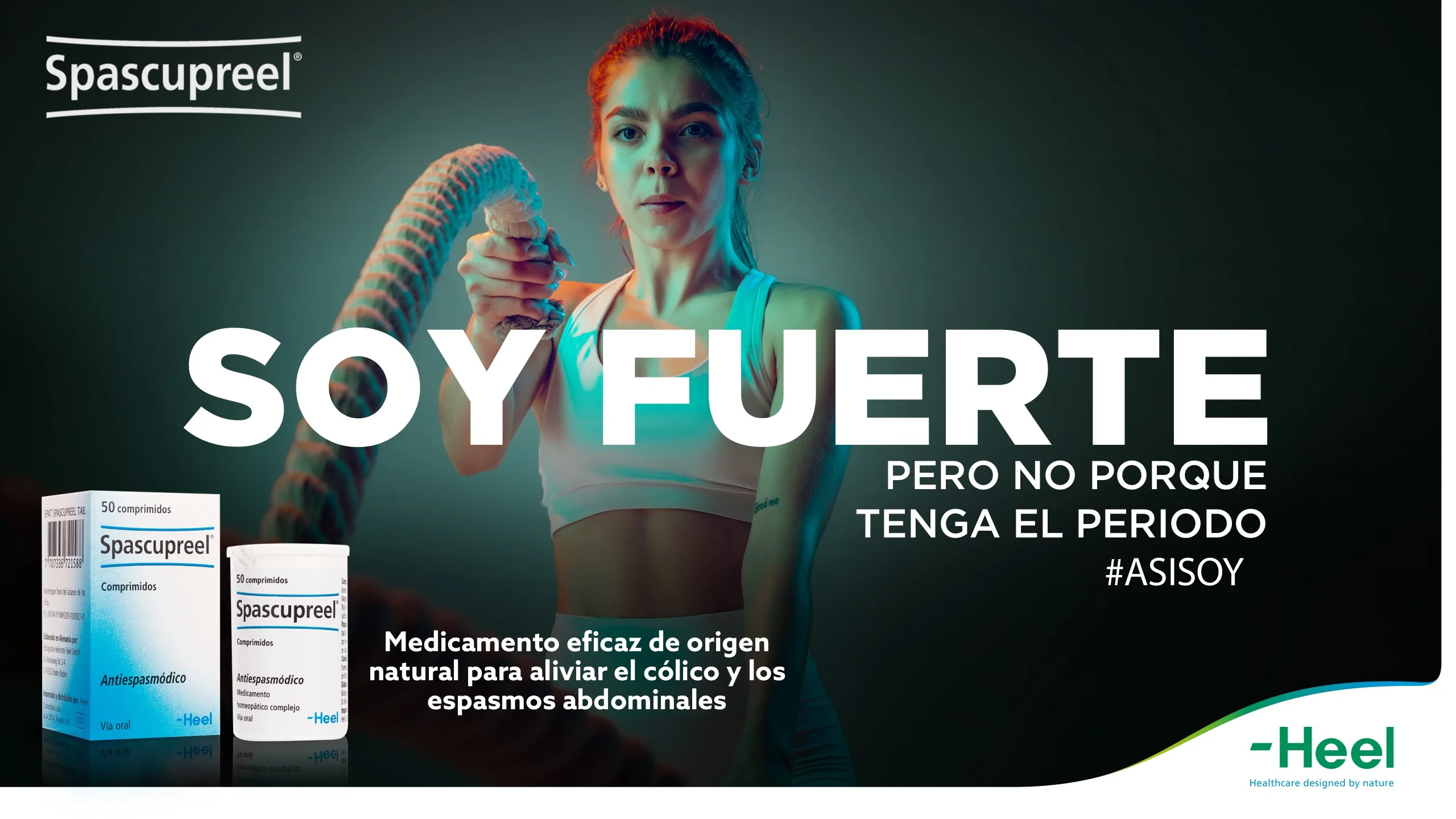 Mujer entrenando con cuerdas de batalla y el titular Soy fuerte pero no porque tenga el periodo