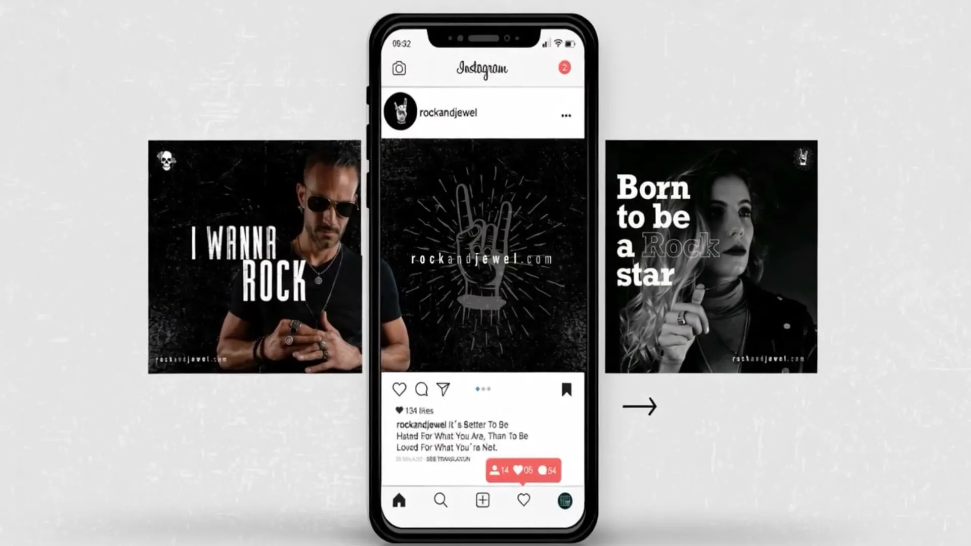Celular con el perfil de Instagram de Rock & Jewel entre publicaciones en blanco y negro