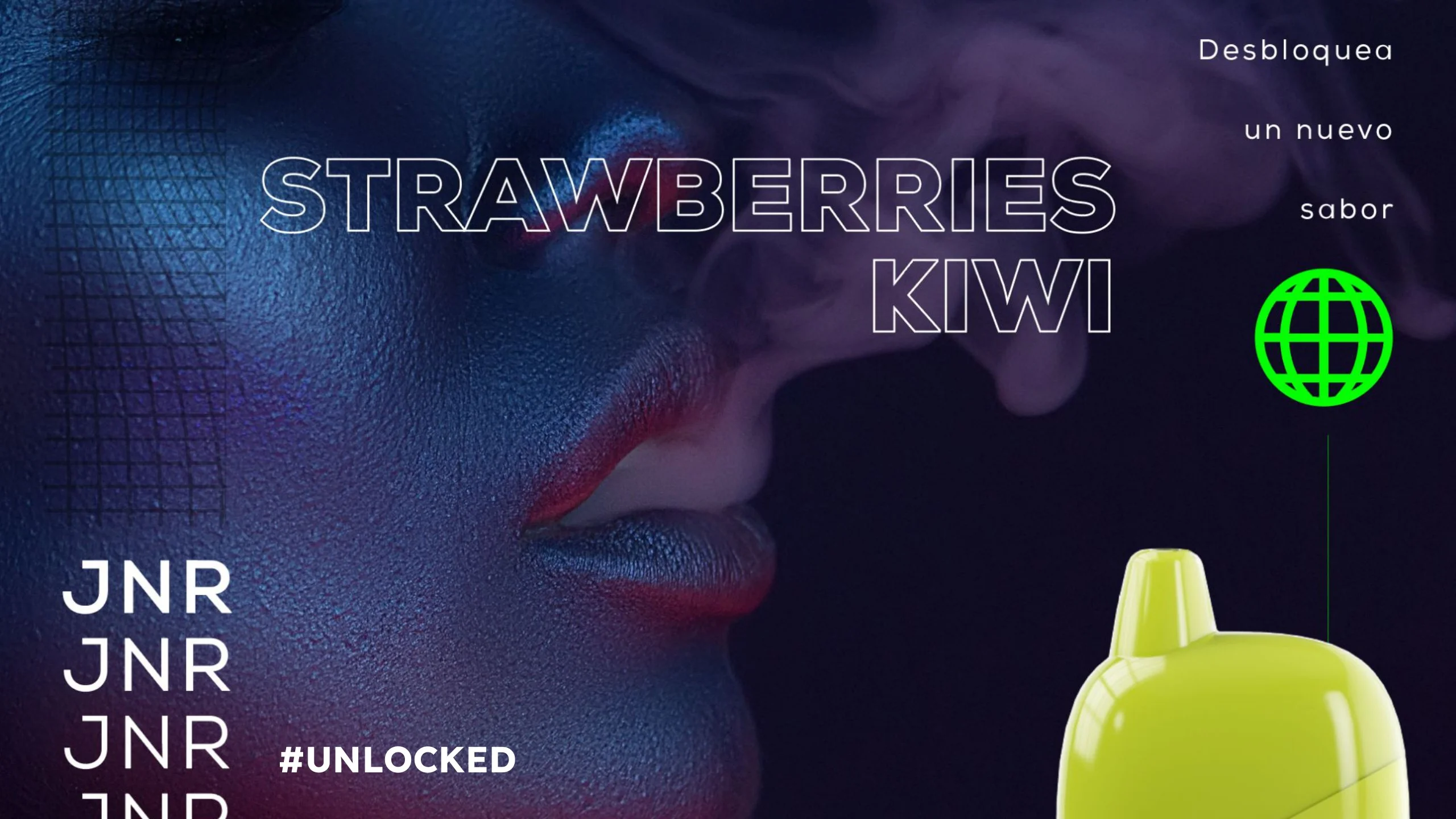 Key visual #Unlocked de Strawberries Kiwi en tonos azules y violeta