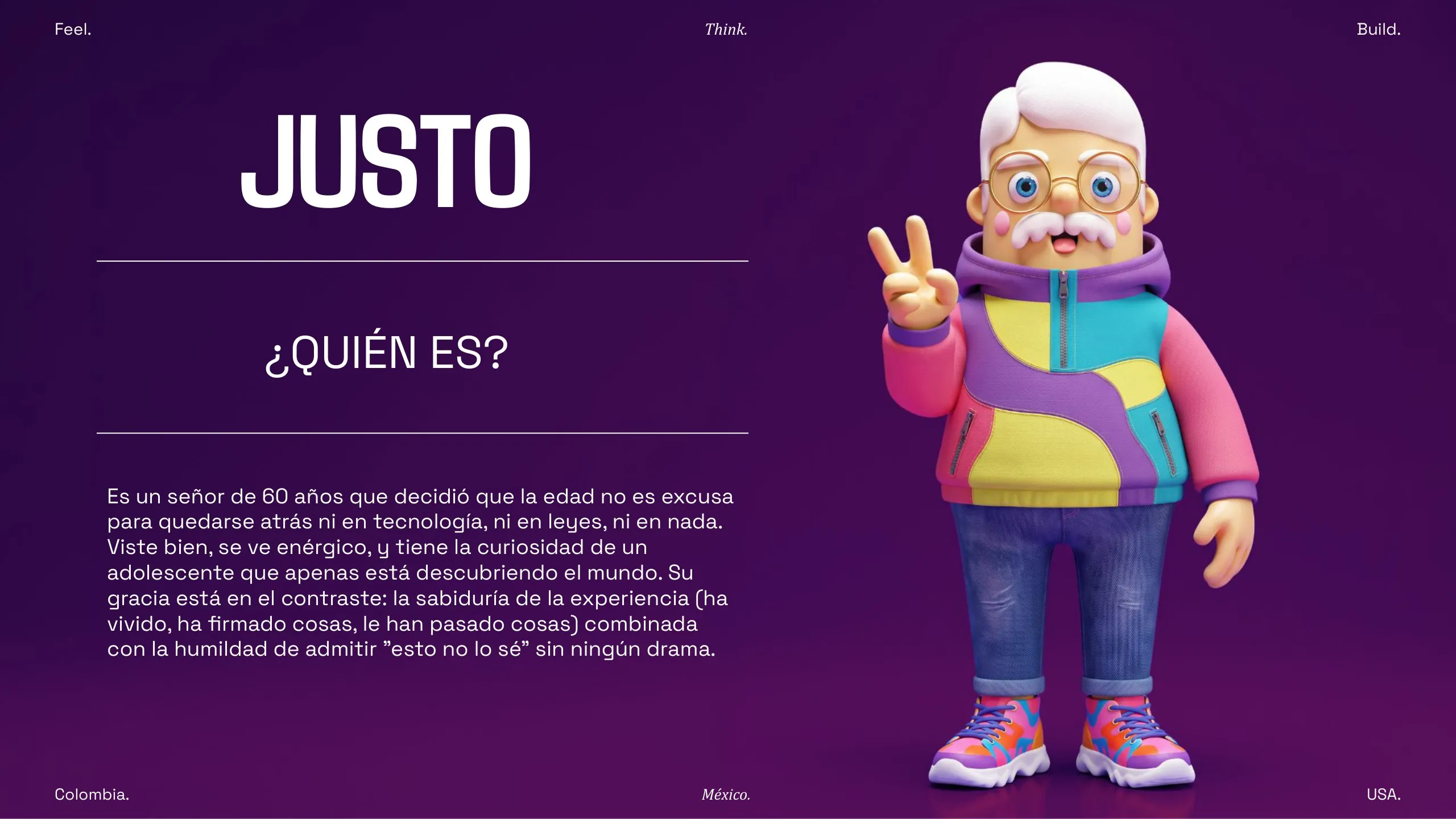 Justo, el personaje 3D de Legal Mind, sobre fondo morado