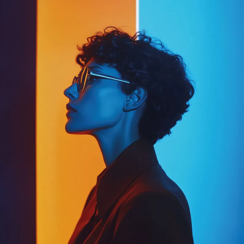 Perfil de una persona de pelo rizado y gafas frente a franjas de color naranja y azul