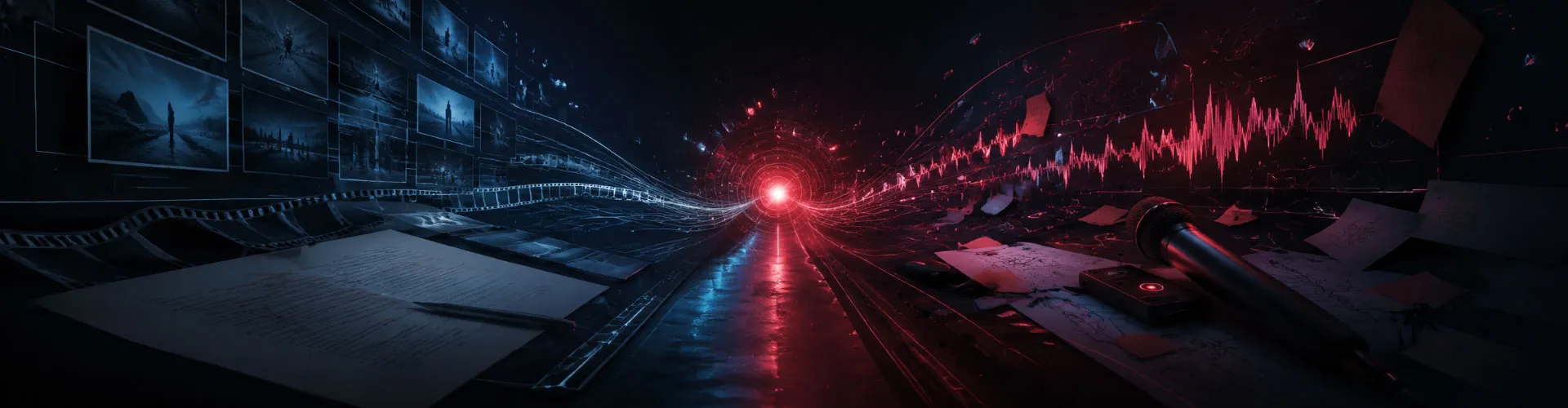 Escena dividida: a la izquierda un guion, un rollo de película y fotogramas en azul; a la derecha un micrófono, una grabadora y ondas de sonido en rojo