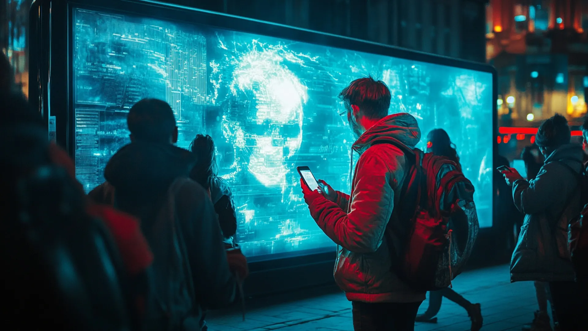 People at night in front of a large digital screen showing a glowing face, one of them looking at his phone
