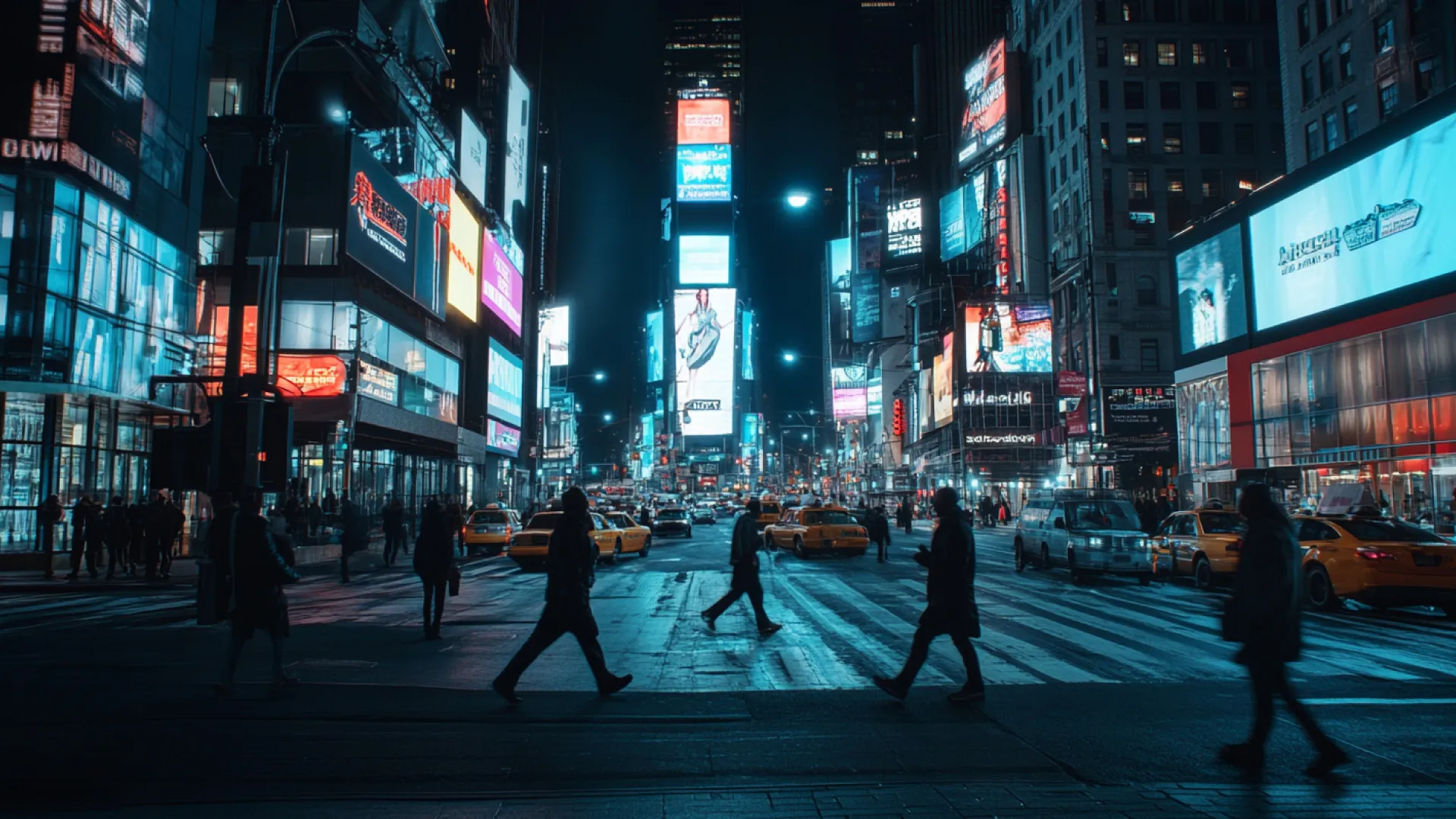 People crossing a busy avenue at night, surrounded by giant digital billboards and yellow taxis