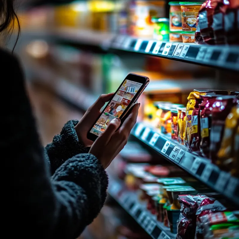 Shopper holding a phone with an online store open in front of a supermarket shelf