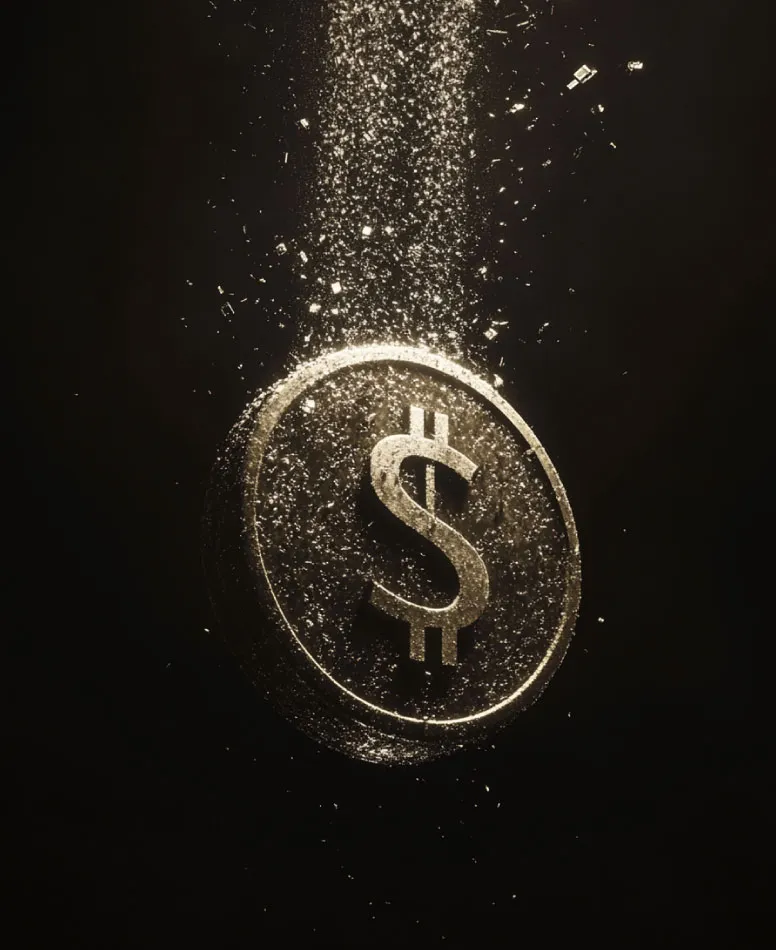 Moneda dorada con el símbolo del dólar que cae entre partículas brillantes sobre un fondo negro